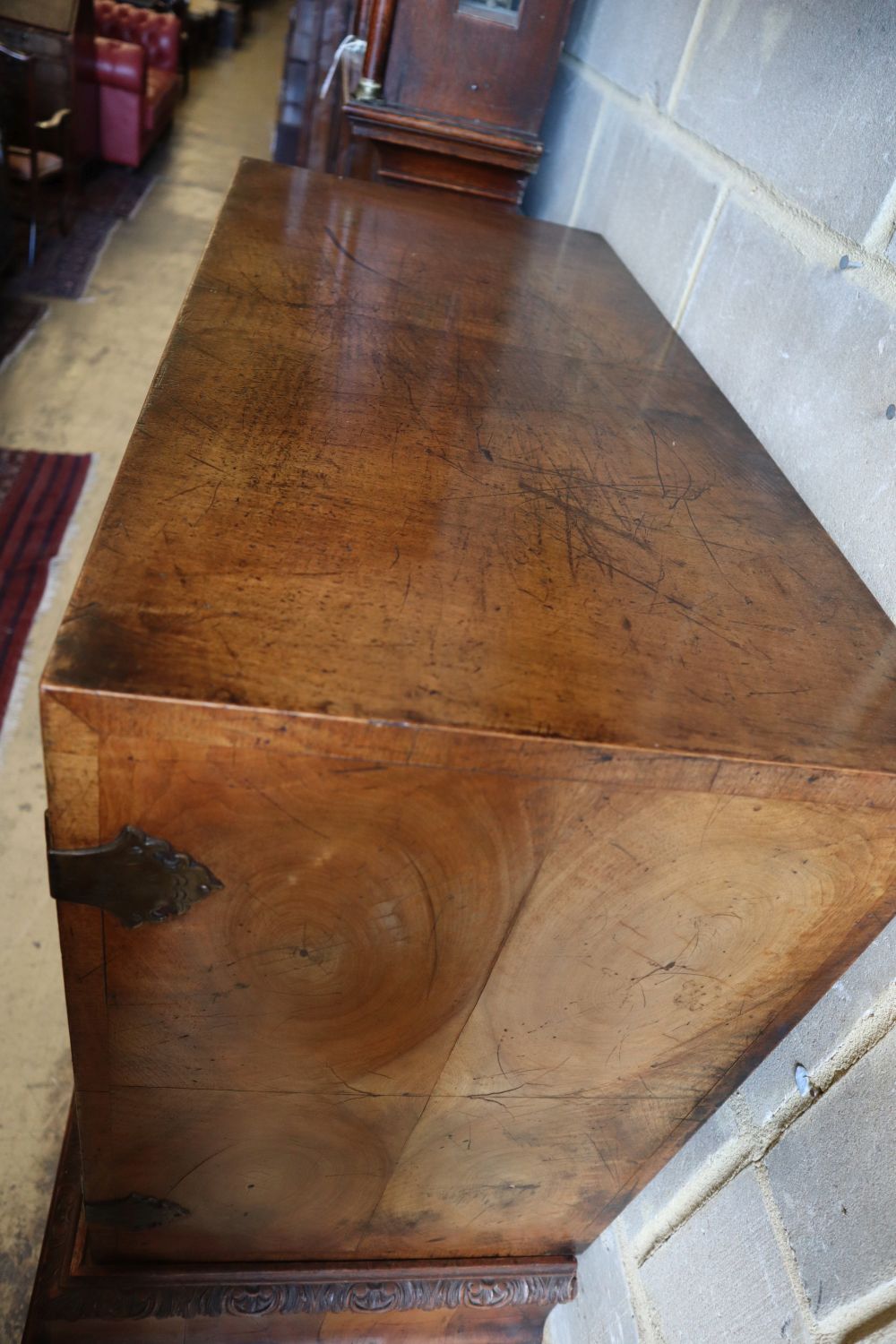 An Italian style walnut oyster veneered cabinet on stand, width 96cm depth 50cm height 147cm